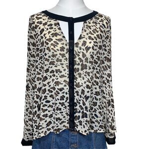 Elodie Leopard Print‎ Blouse Womens Medium Tan Brown Sheer Cutout Neck ET2778